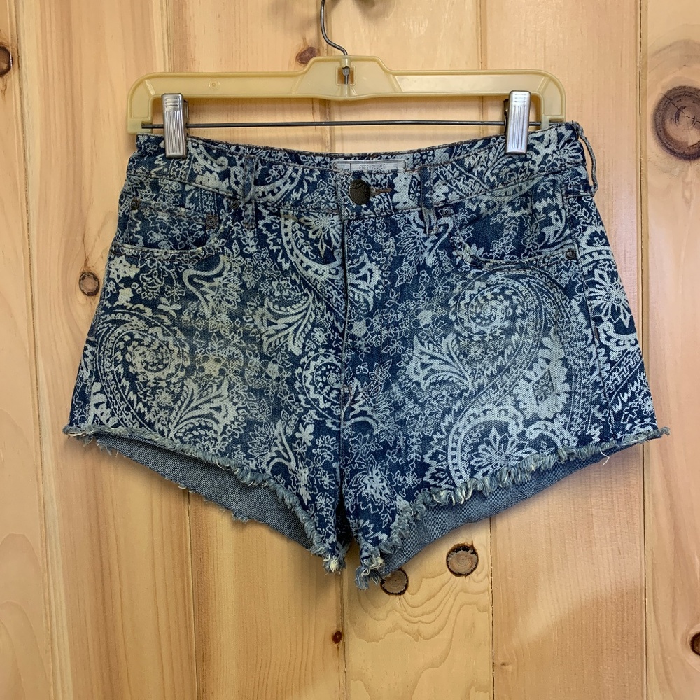 Free People Blue Paisley Denim Cutoff Shorts